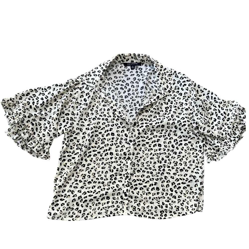 Zac & Rachel Leopard Print Ruffle Bell Sleeve Button Down Blouse Mens Medium